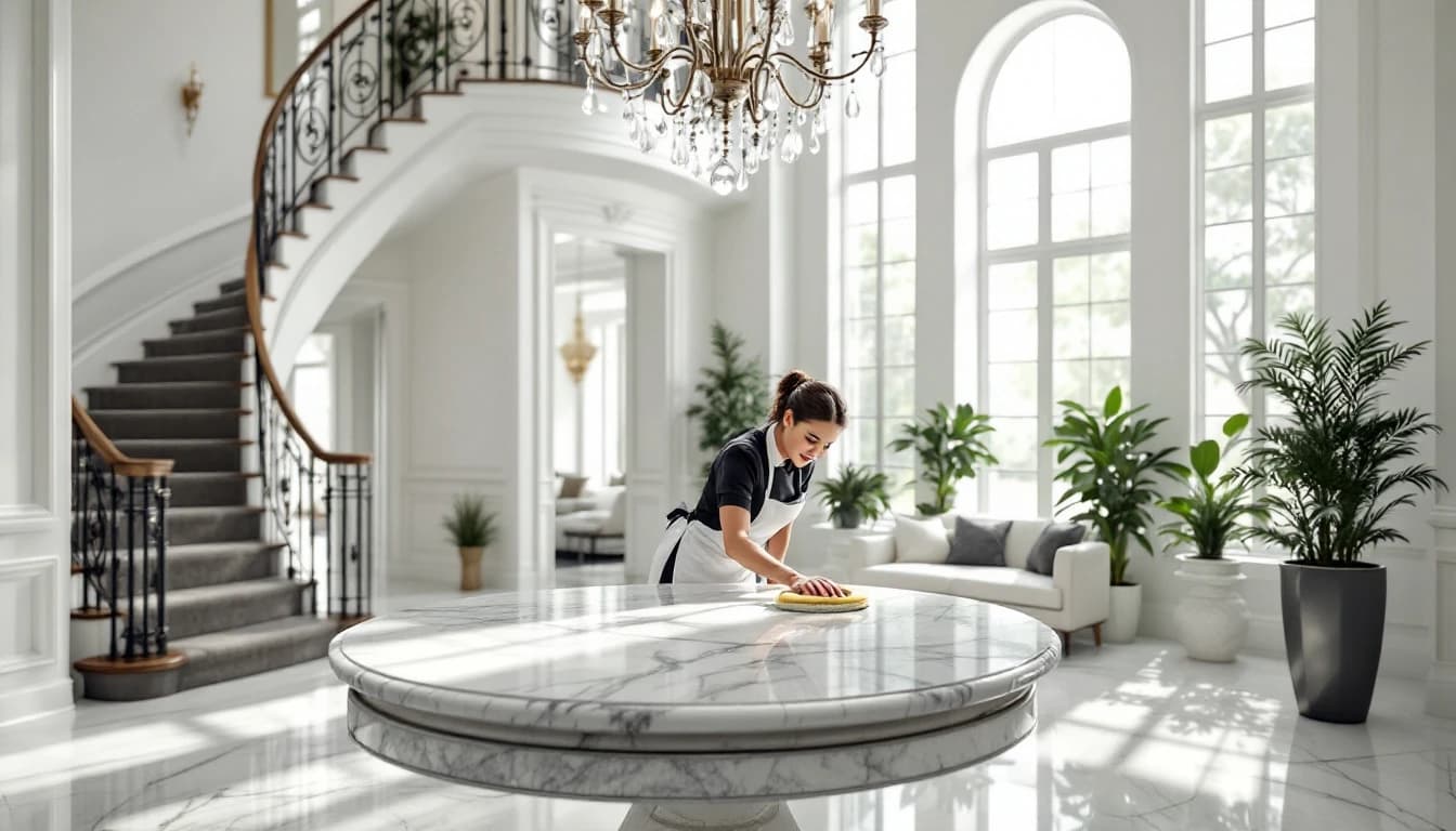 Professional maid cleaning a spacious open-plan kitchen in a Southlake, TX luxury home