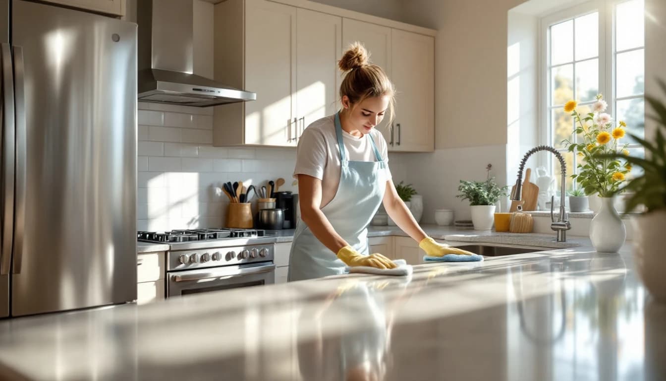 Professional maid cleaning a kitchen counter in a Hurst, TX home