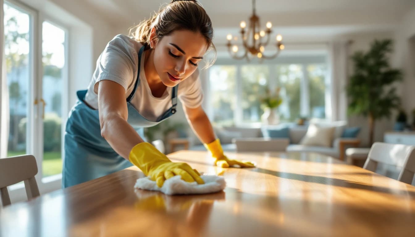 Professional house cleaner wiping a kitchen counter in a Saginaw, TX home