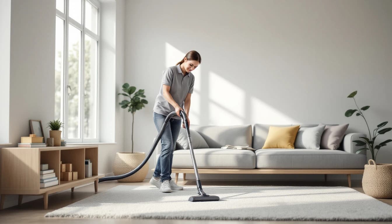 A housekeeper vacuuming a sunny family living room with toys picked up on a shelf in a DFW home