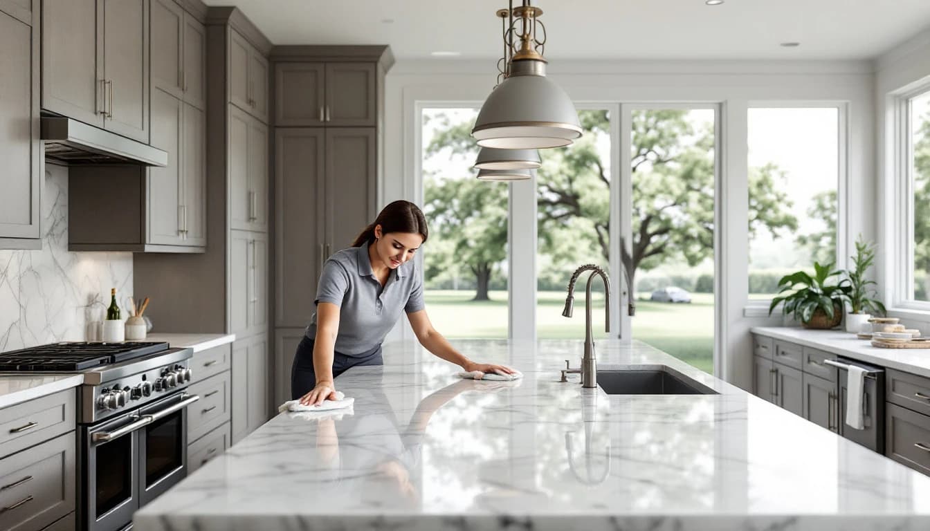 Housekeeper in a grey polo polishing a large marble kitchen island in a Westlake, TX estate home