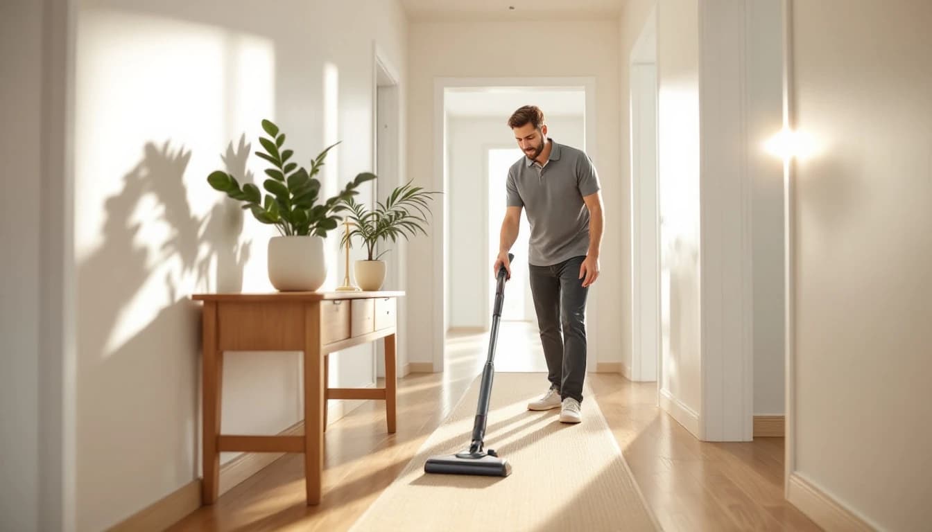 Housekeeper in a grey polo vacuuming a hallway runner beside a wooden console table with potted plants, sunlight spilling across the hardwood floor