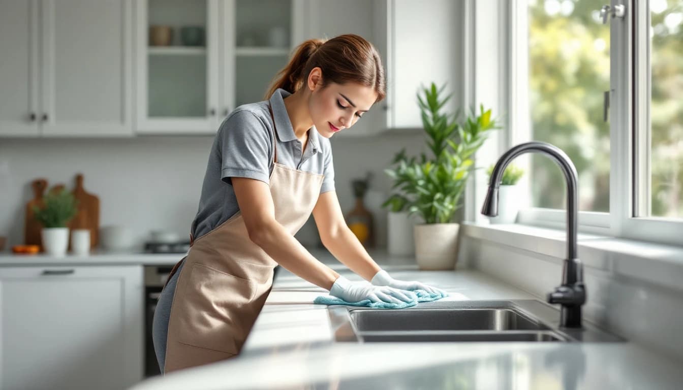 A housekeeper wiping a kitchen countertop in a bright Fort Worth home