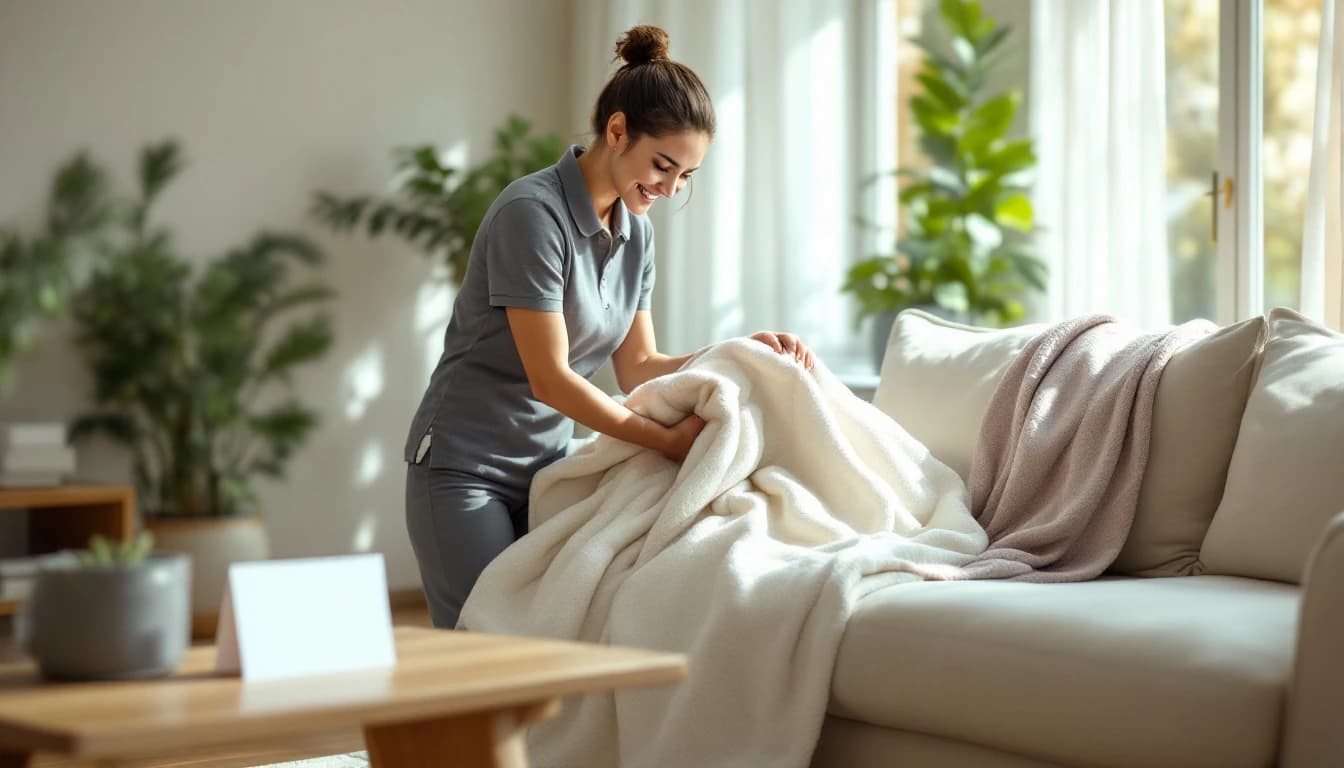 Smiling housekeeper in a grey polo folding a soft throw blanket on a sofa in a sunlit living room, with a blank thank-you card on the table