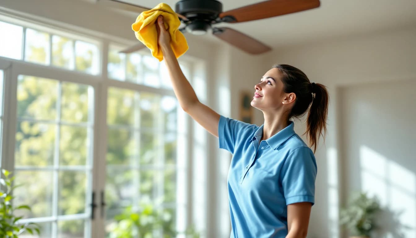 Professional house cleaner wiping a ceiling fan in a bright, sunlit Fort Worth living room during a seasonal deep clean