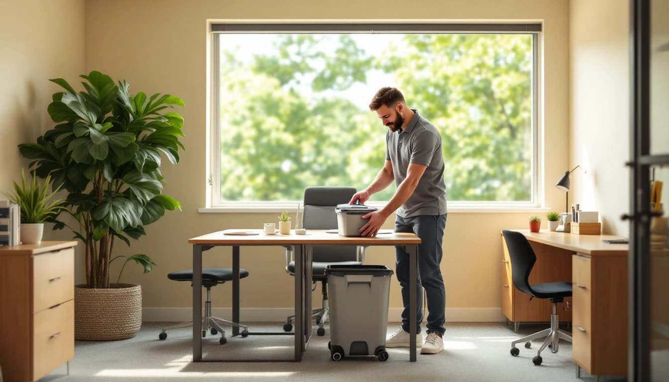 Cleaner emptying desk-side trash bins in an empty Fort Worth, TX open-plan office after hours