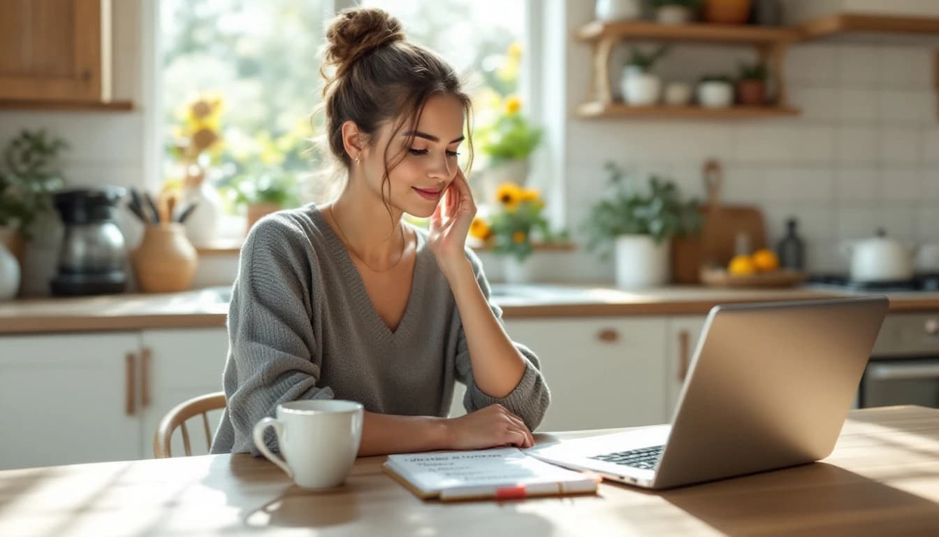 A homeowner sitting at a kitchen table with an open laptop and a notepad of handwritten questions while comparing Fort Worth house cleaning companies