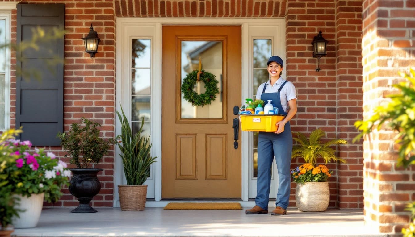 Friendly uniformed maid holding a supply caddy at the front door of a Fort Worth brick home