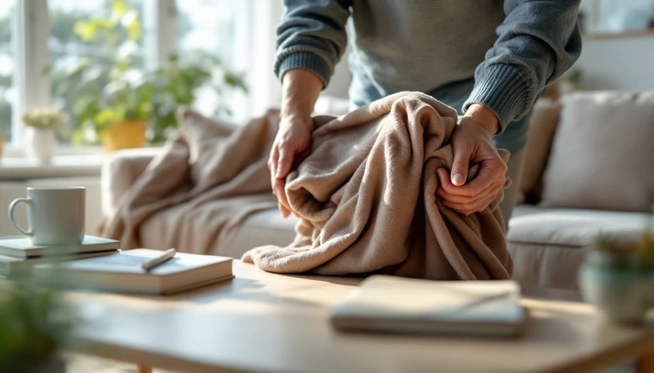 Homeowner tidying and folding a throw blanket in the living room before the cleaning team arrives