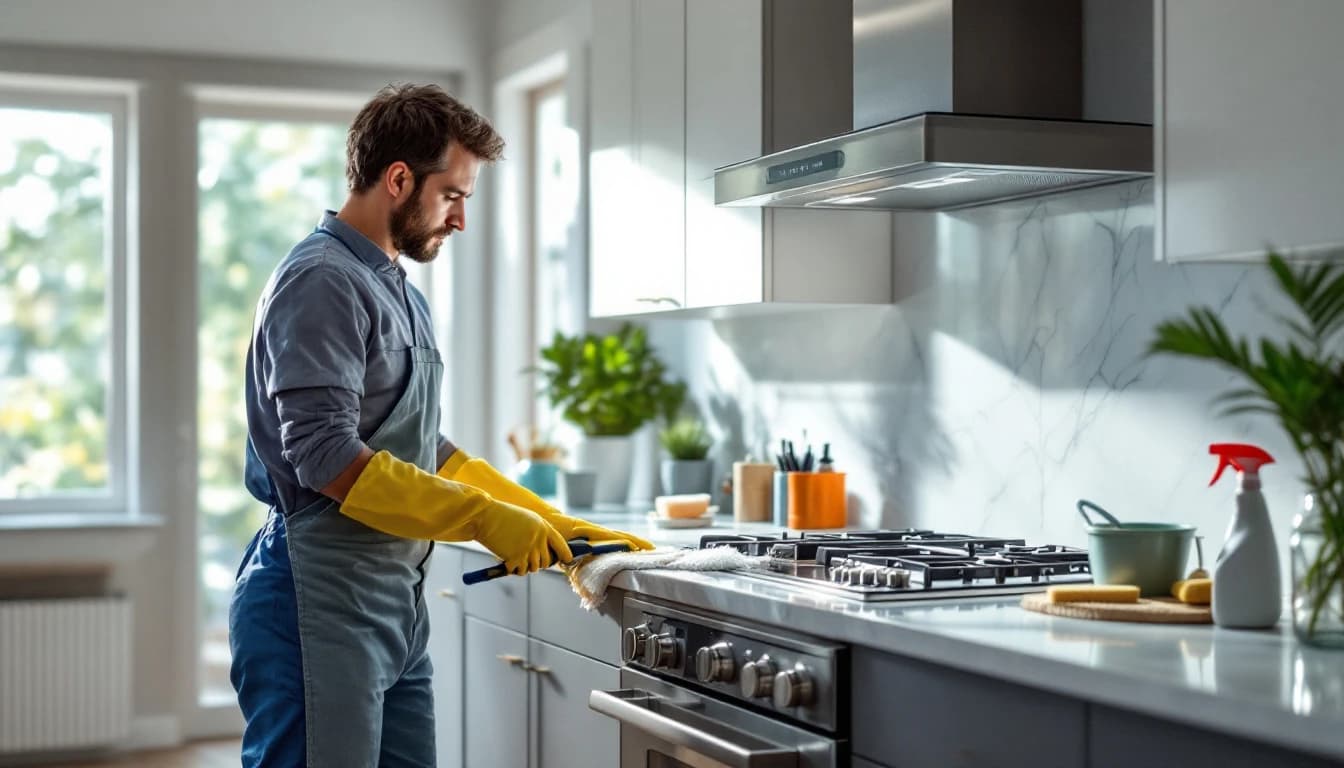 Bright, spotless DFW kitchen after a deep clean with gleaming stainless appliances, degreased stovetop and streak-free backsplash