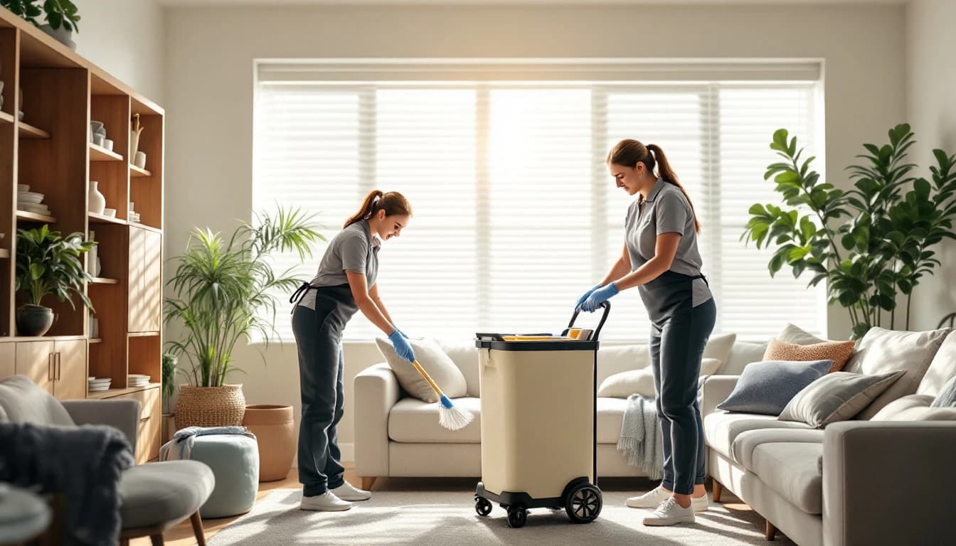 Two Laura Maid Services housekeepers cleaning a sunlit Fort Worth living room together