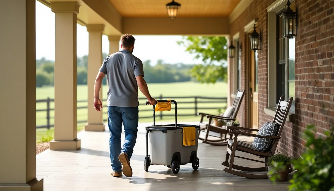 A cleaner in a grey polo stepping onto the covered front porch of a large country-style brick and stone home in Aledo, TX carrying a supply caddy