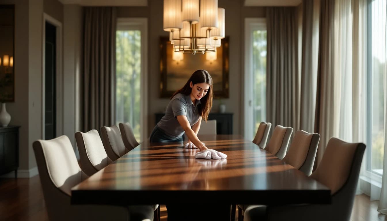 Cleaning professional wiping a natural stone kitchen island in a large Colleyville, TX custom home