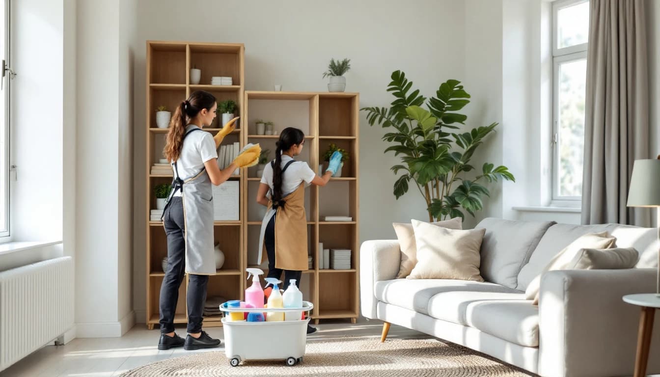 Professional maid service team cleaning a bright living room in a Fort Worth TX home