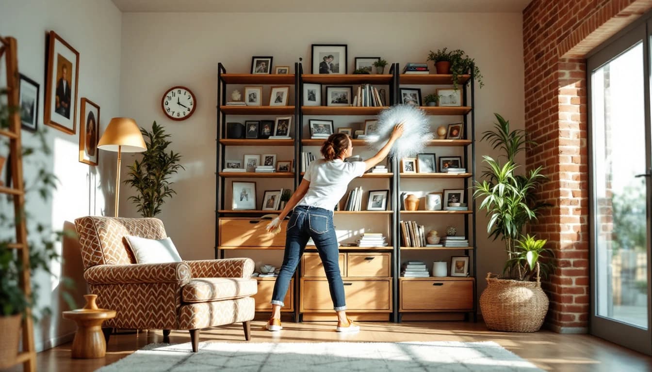 A housekeeper dusting a wooden shelving unit in the living room of a modest older brick ranch home in White Settlement, TX