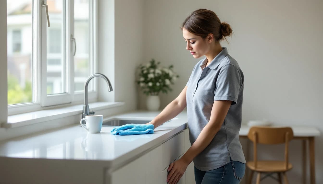 Housekeeper in a grey polo wiping a white kitchen counter with a blue microfiber cloth beside a sunlit window, a vase of white flowers and a small table behind