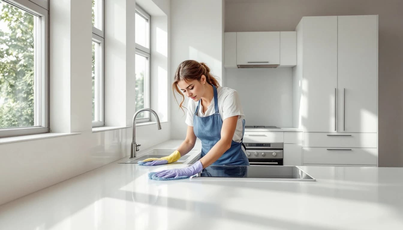 Cleaner sanitizing an empty apartment kitchen before move-in in DFW
