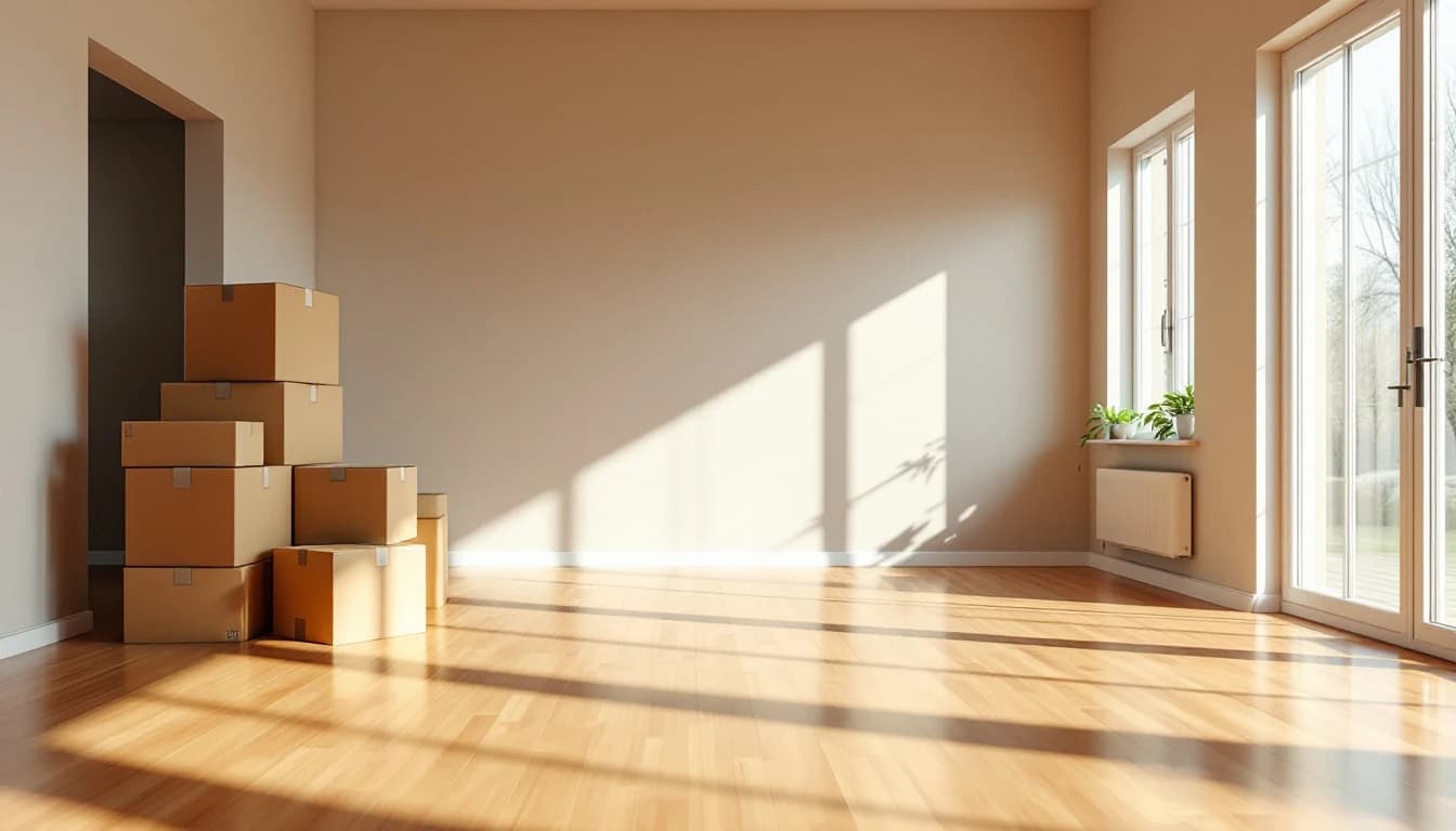 Empty, freshly cleaned DFW home interior with bare hardwood floors and moving boxes stacked by the wall