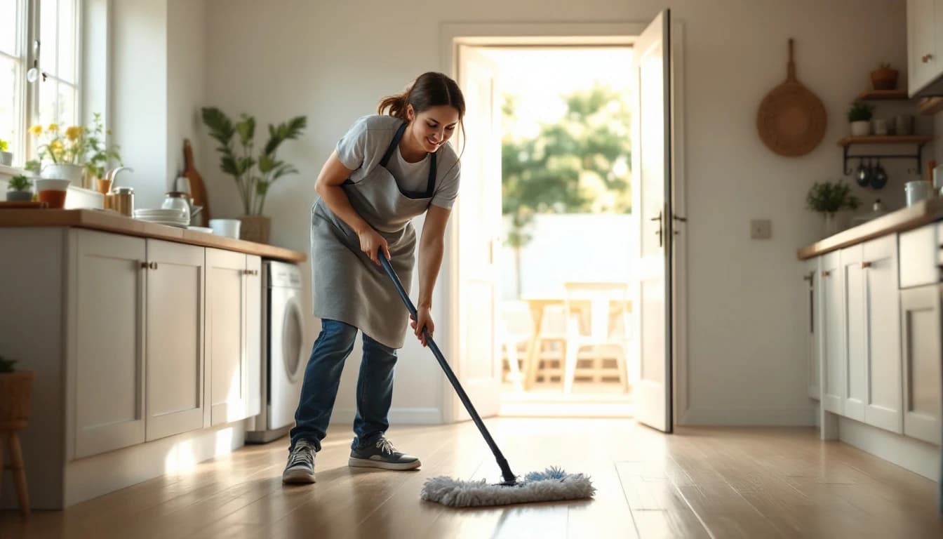 Cleaner mopping the bare kitchen floor of an empty modest house with the back door open in Alvarado, TX