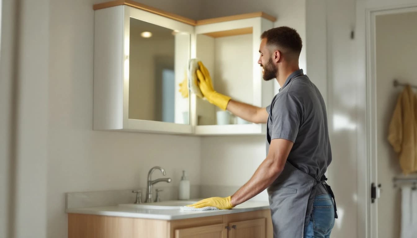 Cleaner cleaning an empty bathroom mirror and medicine cabinet above a bare vanity in a Balch Springs, TX rental home