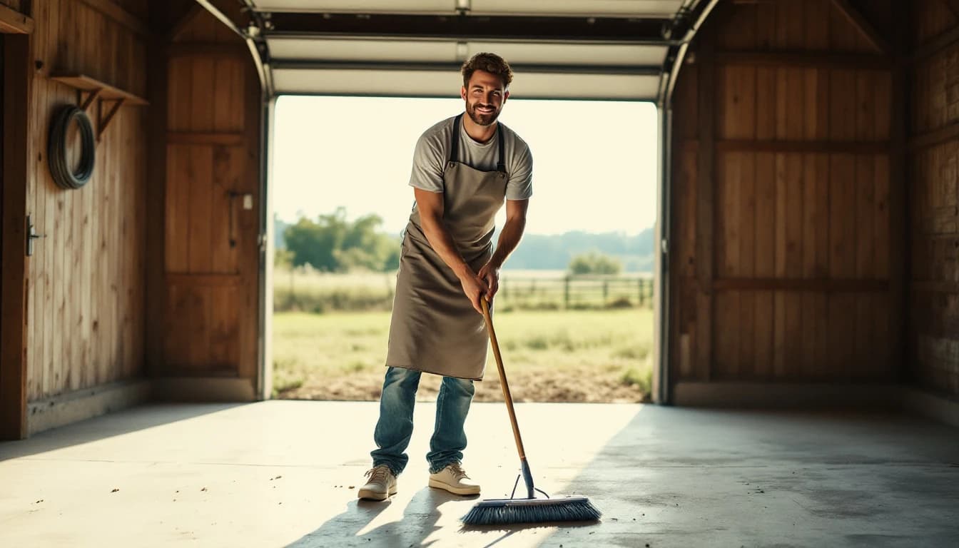 Cleaner sweeping an empty barn-style garage bay in Bartonville, TX, bare concrete with the doors open to pasture