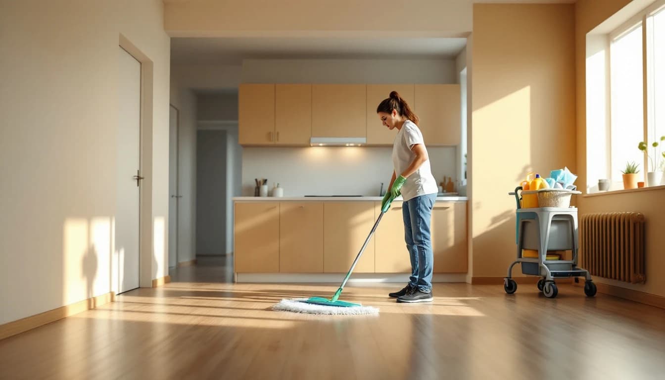 Cleaner performing a move-out clean in an empty Bedford, TX apartment