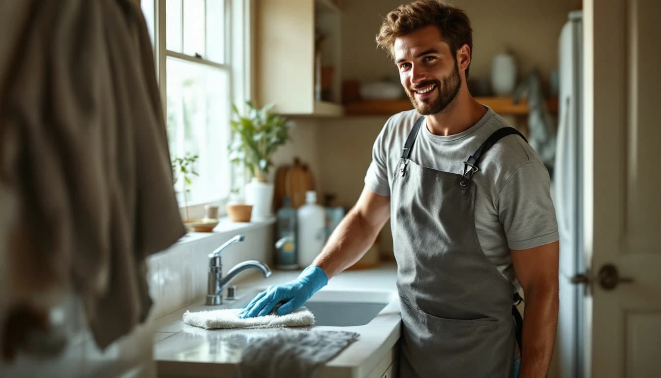 Cleaner wiping down an empty utility sink and surrounding wall in a vacated laundry room in Carrollton, TX