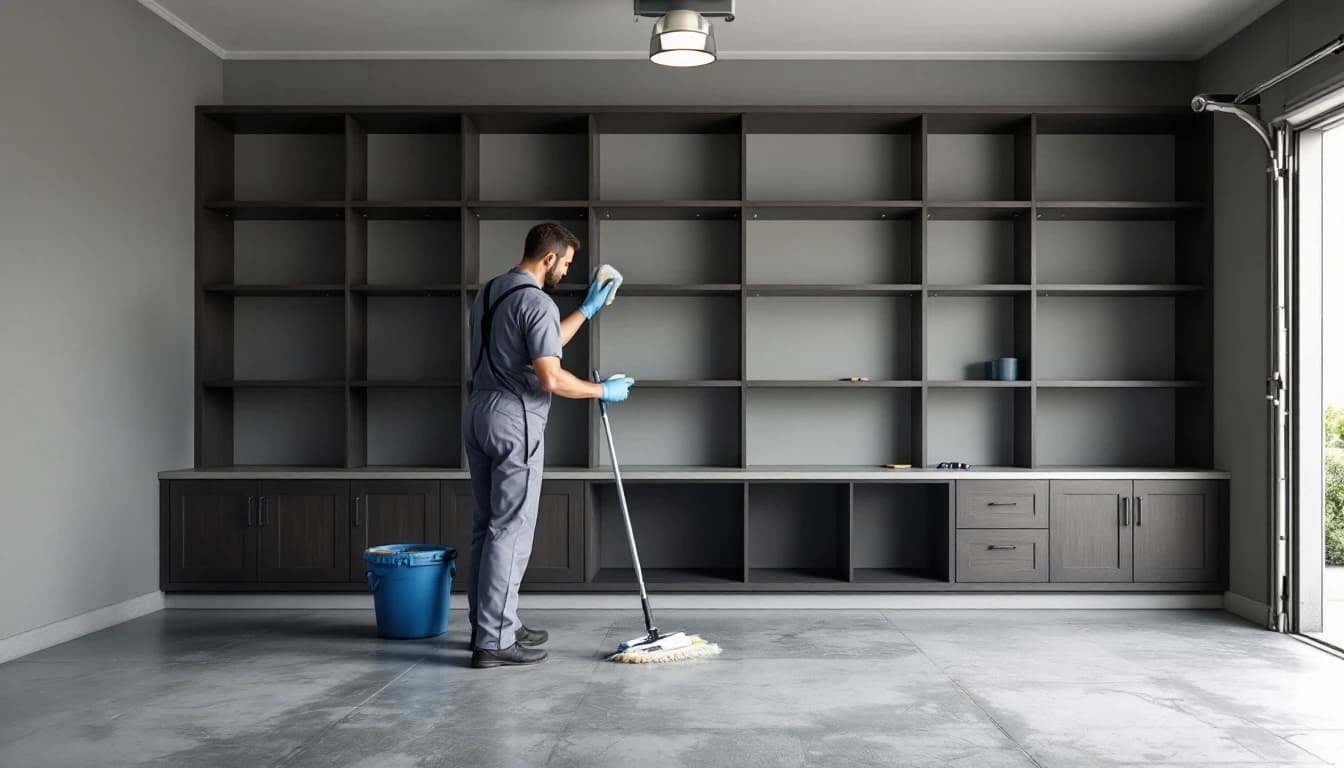 Cleaner wiping empty built-in garage shelving in a cleared-out residential garage in Dalworthington Gardens, TX