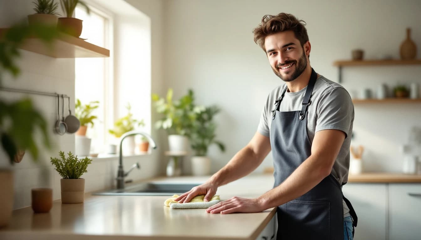Cleaner cleaning an empty student-rental kitchen with bare counters and a small table space in Denton, TX