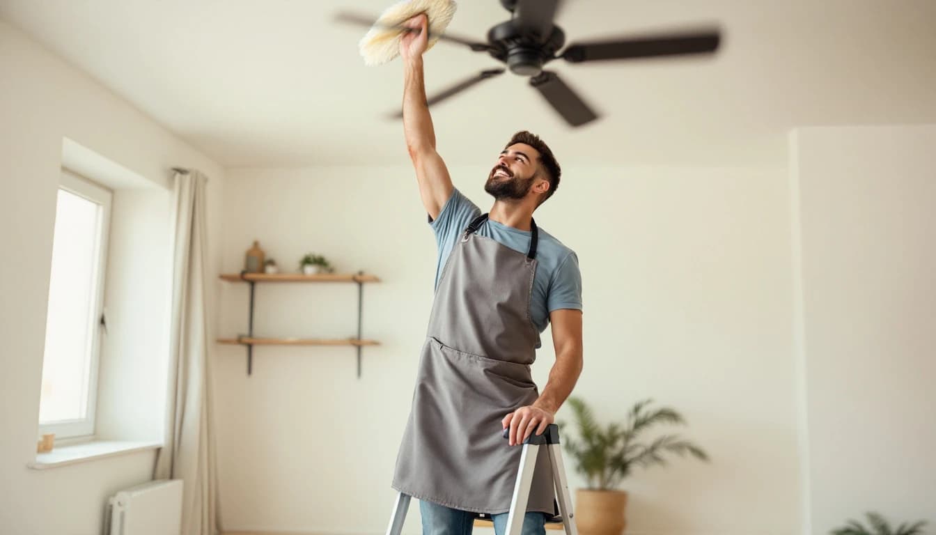 Cleaner on a step ladder dusting a ceiling fan in an empty Edgecliff Village, TX living room with bare floors