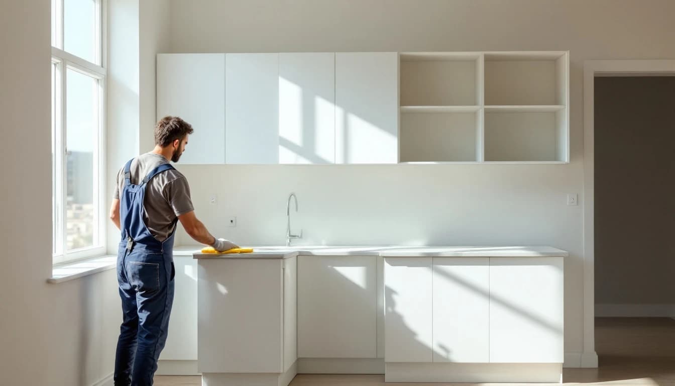 Cleaner wiping inside kitchen cabinets during a move-out clean in a Euless, TX apartment