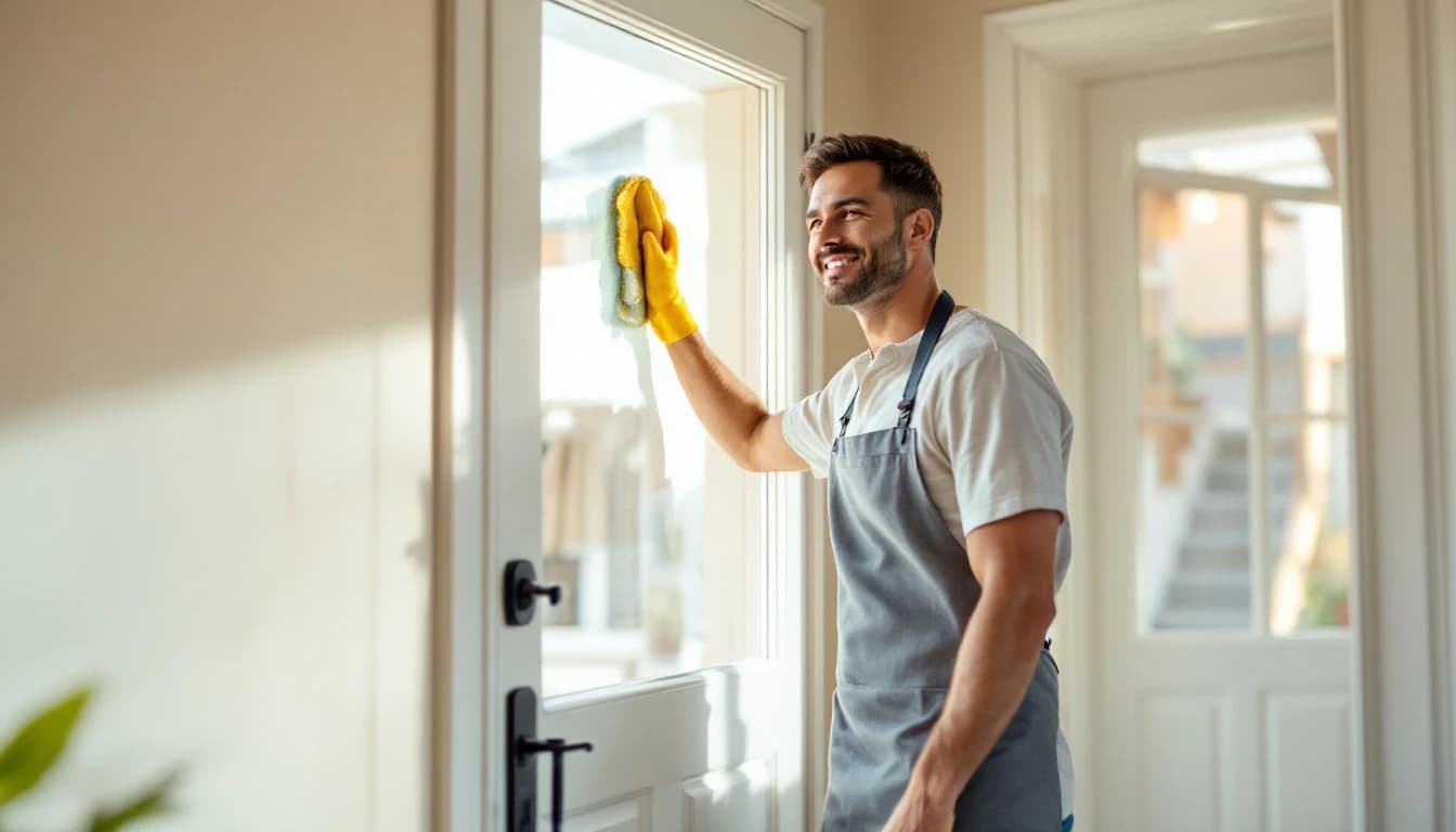 Cleaner wiping the glass of a front entry door and sidelight from inside the empty entryway of an Everman, TX rental home