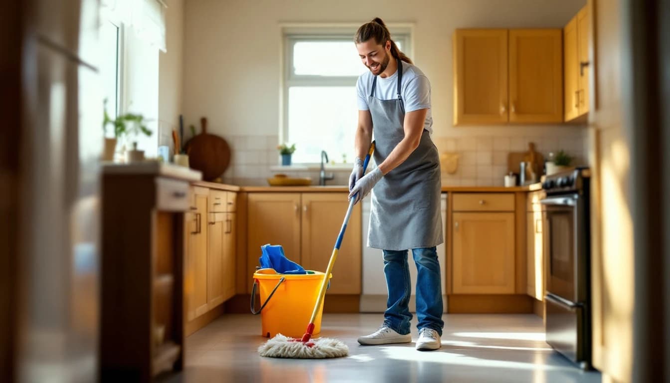 Cleaner mopping a bare vinyl kitchen floor in a small empty single-story rental home in Forest Hill, TX
