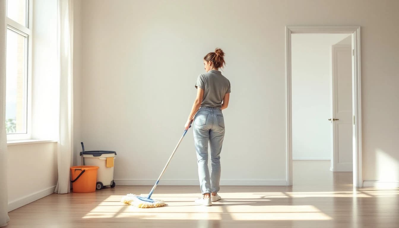 Housekeeper mopping the bare floor of a completely empty Fort Worth apartment before the move-out inspection