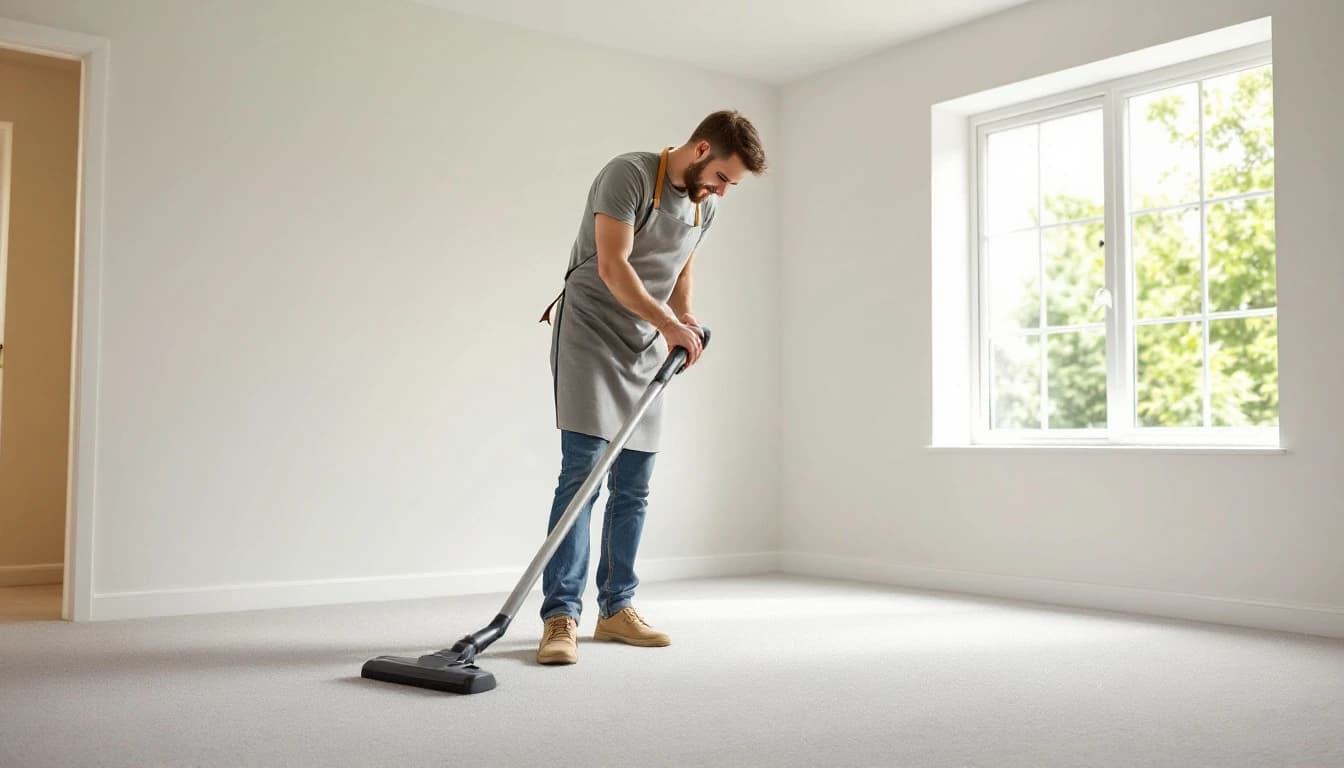 Cleaner vacuuming bare carpet in an empty new-build bedroom with a large window in Glenn Heights, TX