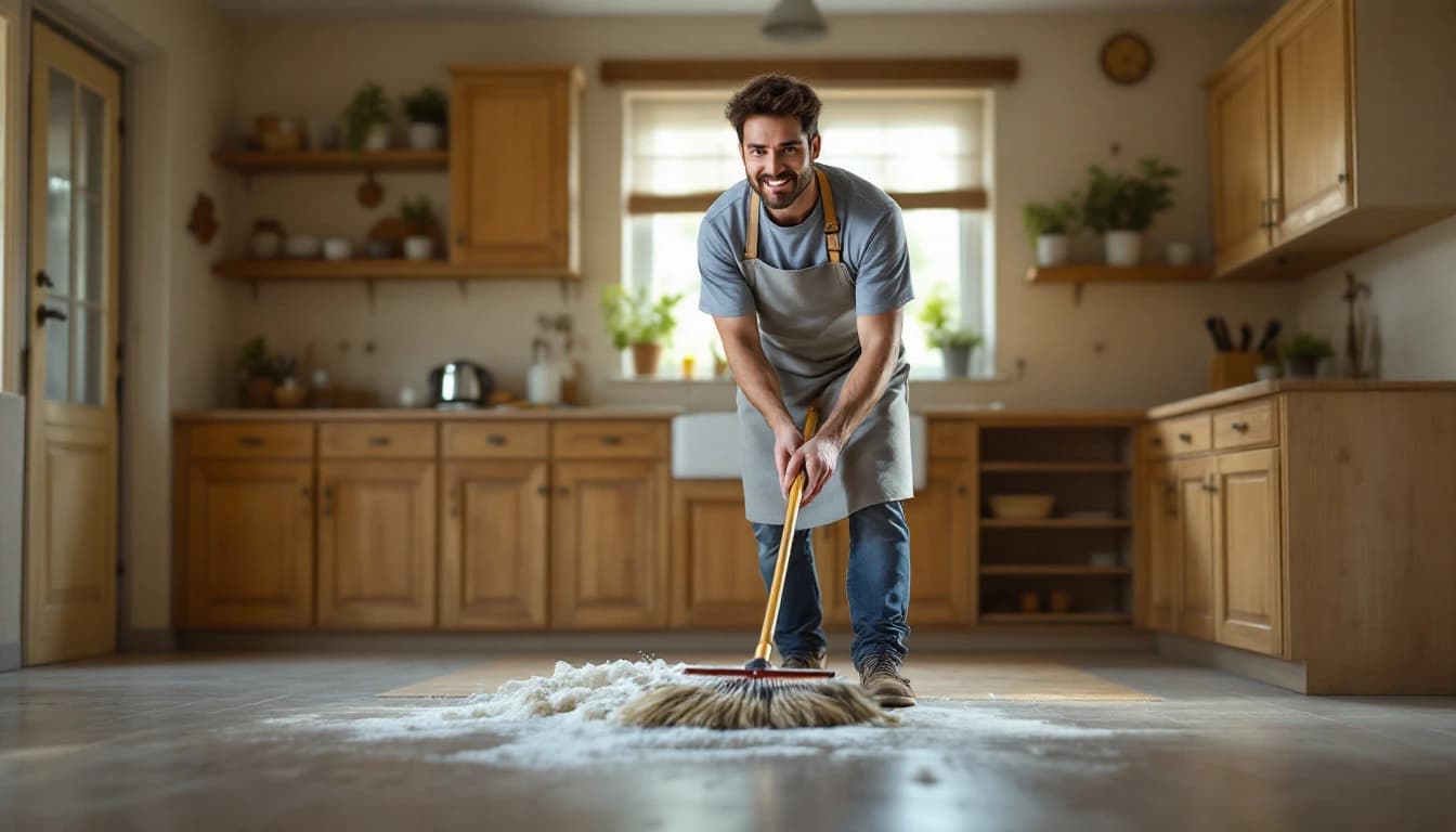 Cleaner sweeping the floor of an empty farmhouse kitchen in Grandview, TX with bare wood cabinets and a window over the sink