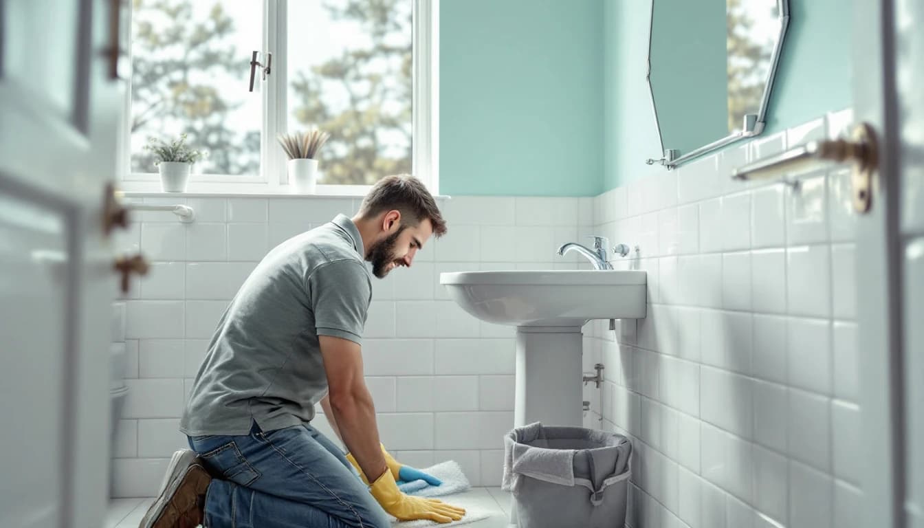 Cleaner scrubbing original tile grout in the bathroom of an empty older Haltom City, TX rental home