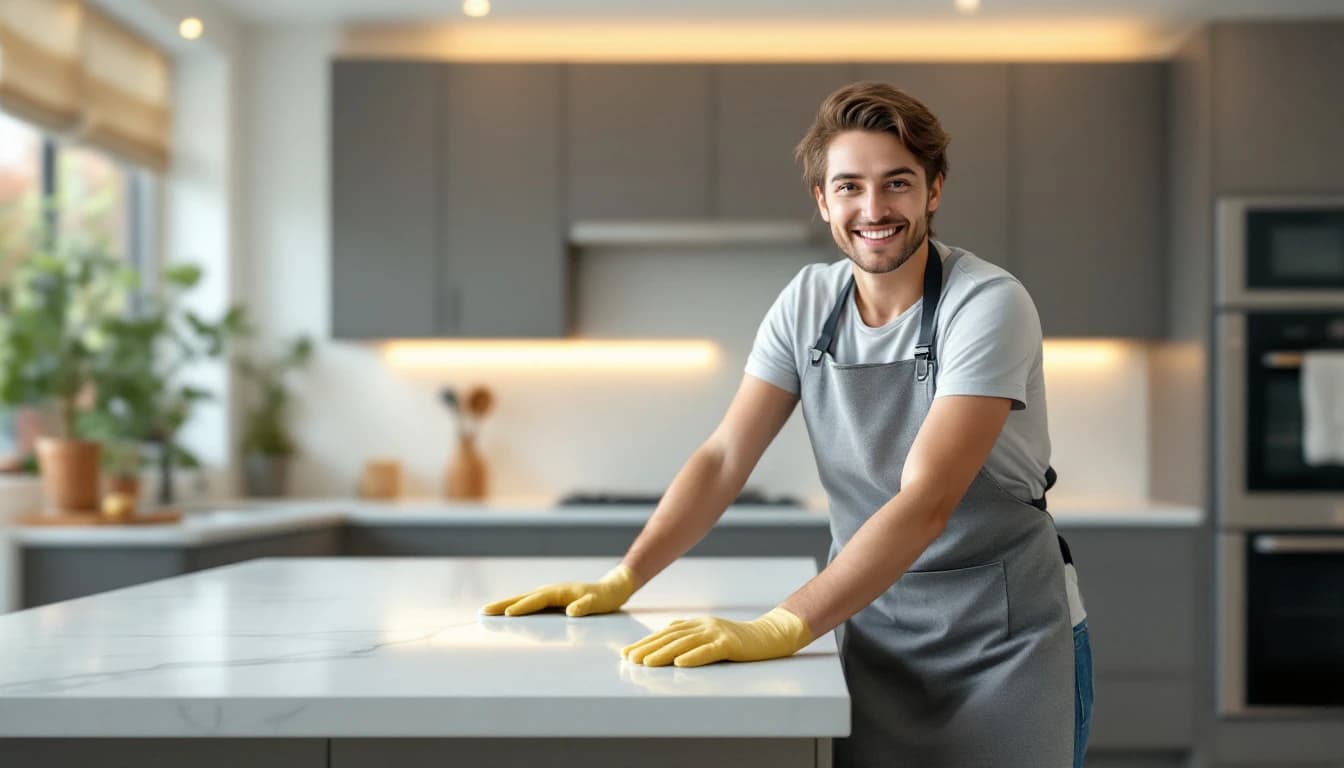 Cleaner wiping the bare quartz top of an empty kitchen island in a new-build home in Haslet, TX