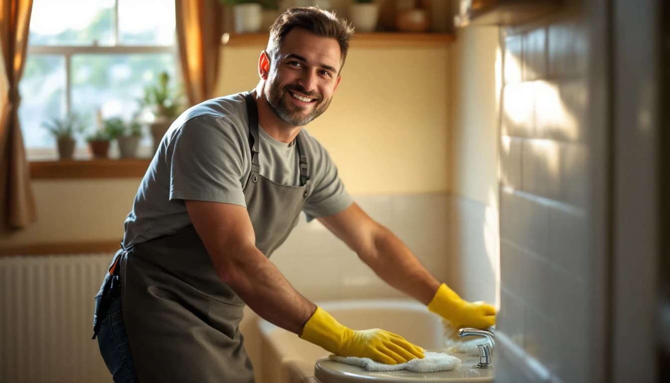 Cleaner cleaning an empty bathroom tub and tile surround in a small older house in Keene, TX