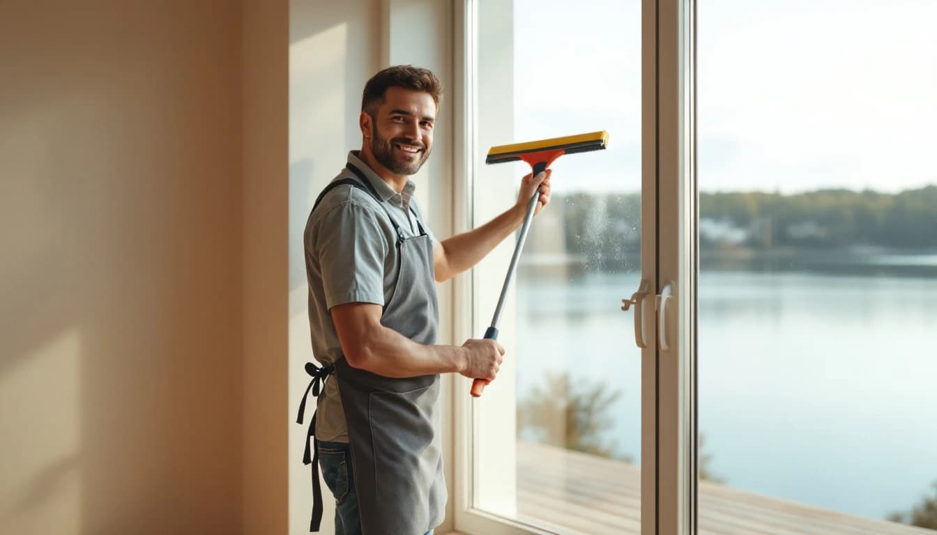 Cleaner squeegeeing a large picture window in an empty Lake Worth, TX living room with the lake visible outside