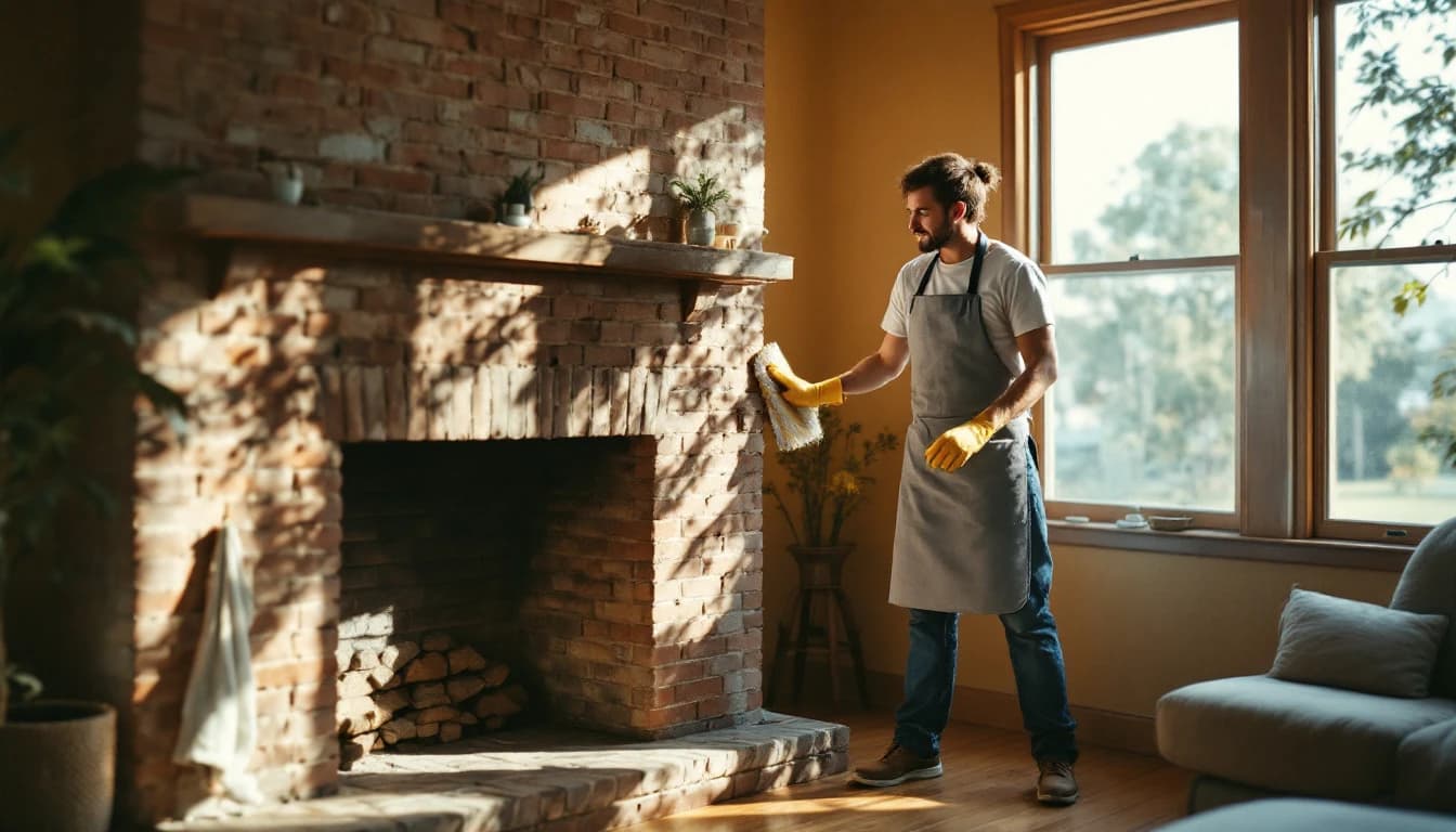 Cleaner wiping an empty brick fireplace surround in a vacated 1970s living room in Mesquite, TX