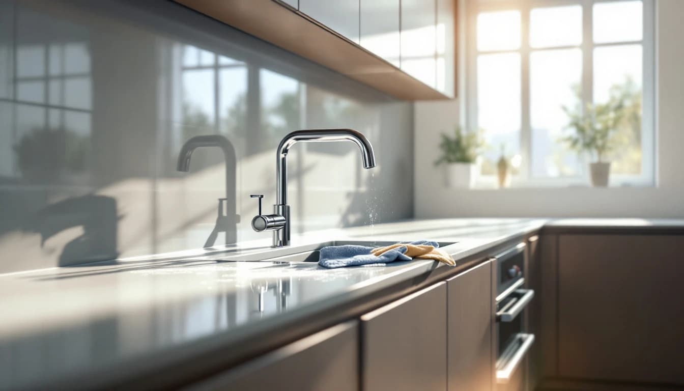 Cleaner polishing a stainless kitchen sink and faucet in a vacated kitchen with bare counters in River Oaks, TX