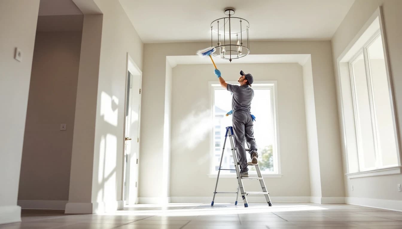 Cleaner on a step stool dusting a high two-story entry ledge and light fixture in an empty new-build home in Roanoke, TX