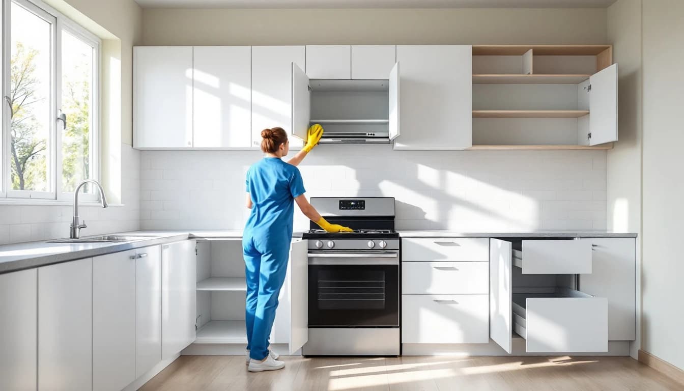 Cleaner wiping inside empty kitchen cabinets during a move-out clean in a Saginaw, TX rental home