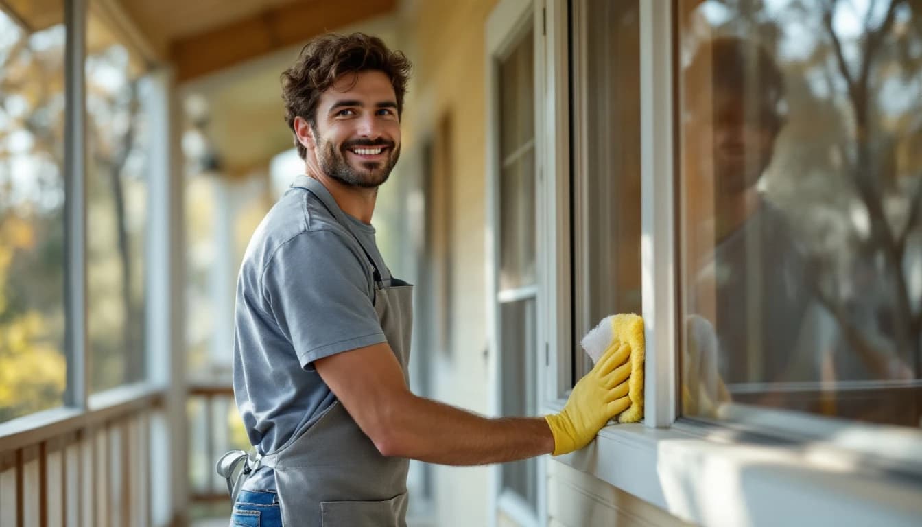 Cleaner wiping the rail and frame of an empty screened back porch on a rural-edge home in Seagoville, TX