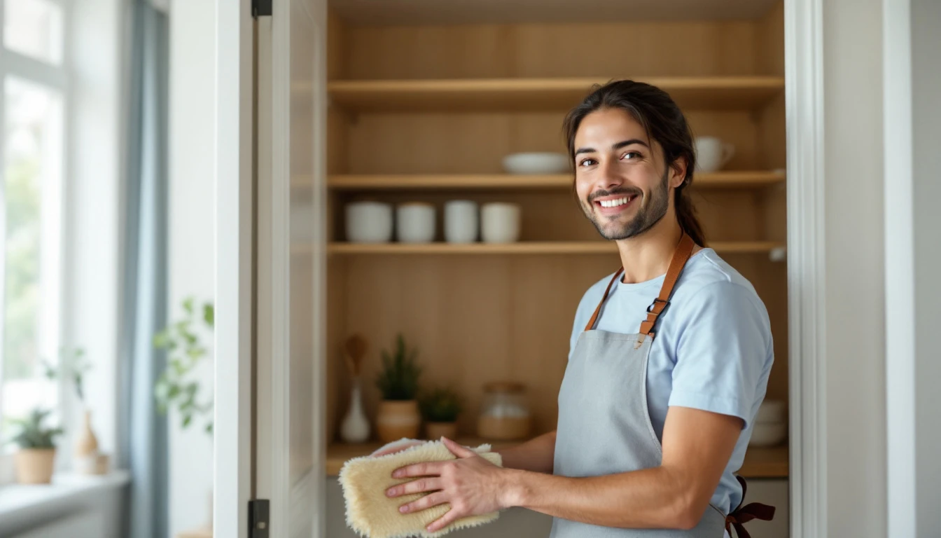 Cleaner cleaning an empty walk-in pantry with bare wooden shelves and an open door in a Trophy Club, TX home