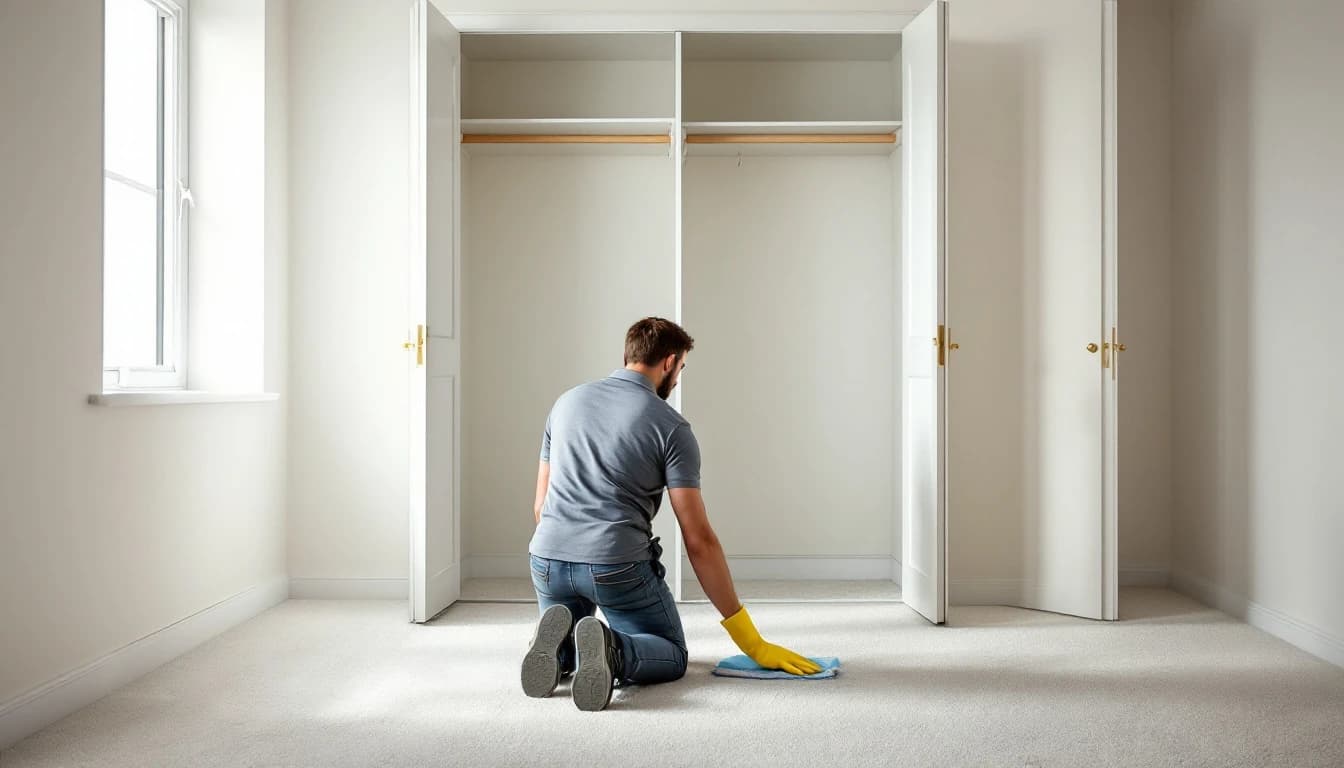 A cleaner kneeling to wipe the bare wire shelving and floor of an emptied bedroom closet in a vacated DFW home