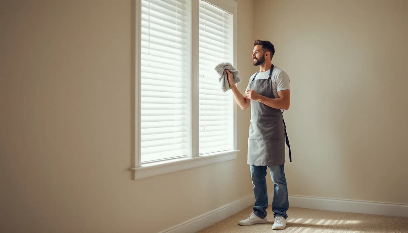 Cleaner dusting and wiping horizontal window blinds in an empty bedroom with bare carpet in Watauga, TX