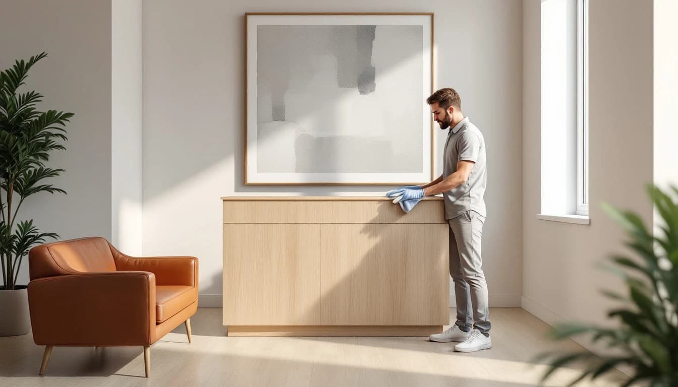 Cleaner wiping a reception desk in a small professional office suite in Aledo, TX