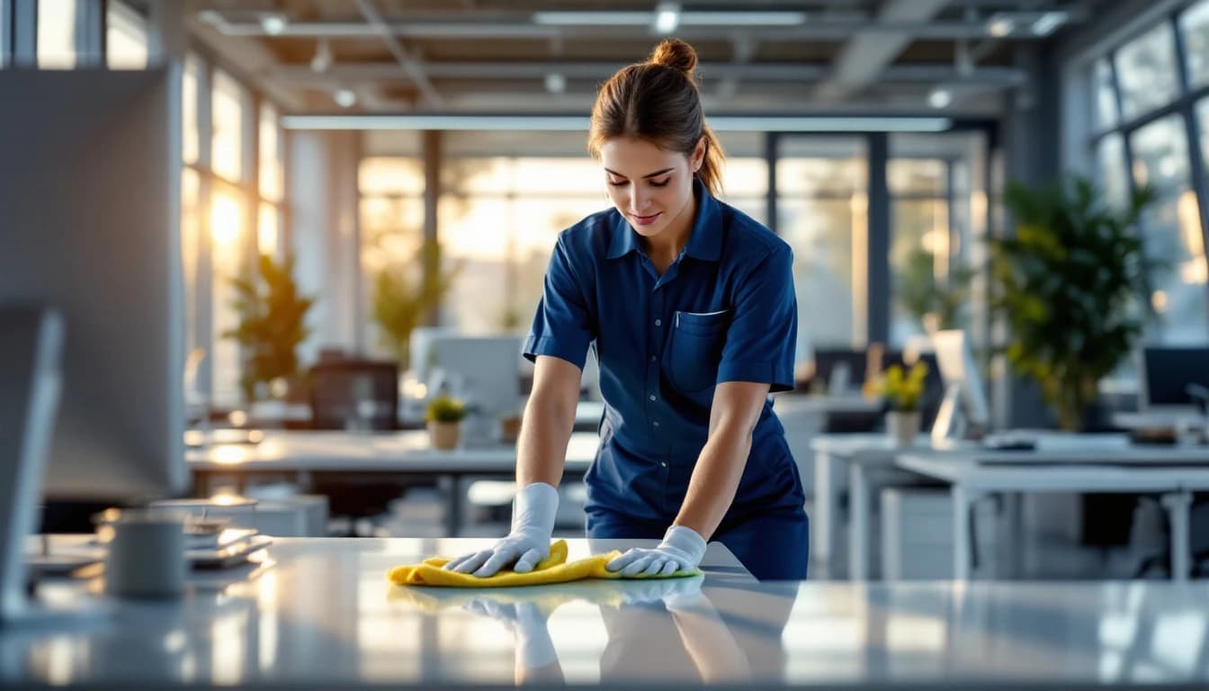 Professional cleaner wiping down desks in a bright Arlington, TX office at dusk